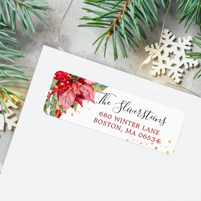 Weihnachts-Poinsettia-Gold-Splash-Rücksendeadresse (Christmas Watercolor Poinsettia  with Faux Gold Splash Return Address Label)