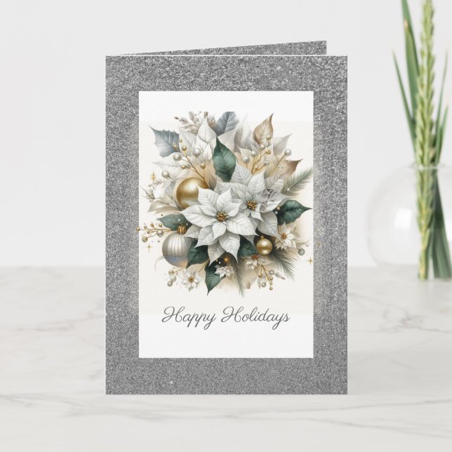 Weihnachts-Poinsettia mit Silberner Glitzer Feiertagskarte (Vorderseite)