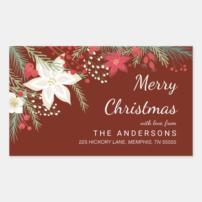Weihnachts-Poinsettia-Rücksendeadresse Rechteckiger Aufkleber (Vorderseite)