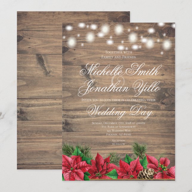 Weihnachts-Poinsettia Rustikale Winterhochzeit Einladung (Vorne/Hinten)