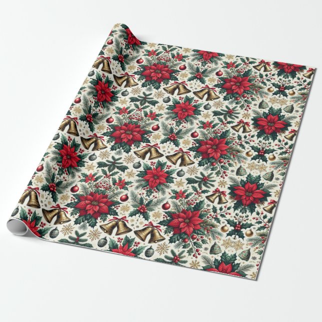 Weihnachts-Poinsettias und Bells-Muster Geschenkpapier (Ungerollt)