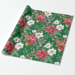 Weihnachts-Poinsettie, Kamelienblüten und Beeren Geschenkpapier