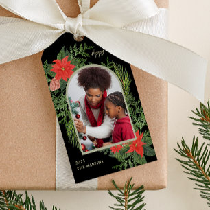 Weihnachts-Poinsettie und Grünzeug Foto Weihnachte Geschenkanhänger