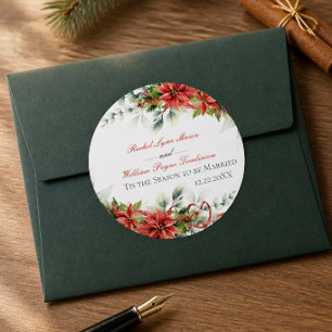 Weihnachts-Poinsettien-Hochzeit-Klassischer-Runder Runder Aufkleber