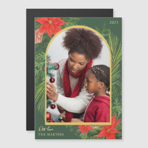 Weihnachts-Poinsettien- und Grün-Foto-Magnet Magnetkarte