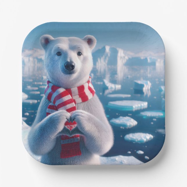 Weihnachts-Polar-Bär mit Herz Pappteller (Vorderseite)