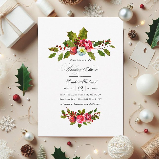 Weihnachts-Polterabend Floral Holly Einladung (Christmas Wedding Shower Floral Holly Invitation)