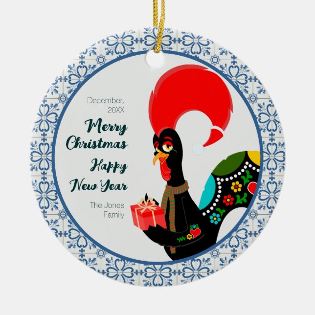 Weihnachts Portugiesischer Stab und blauer Fliesen Keramik Ornament (Vorne)