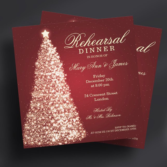 Weihnachts-Probe-Dinner Gold Red Einladung (Christmas Wedding Rehearsal Dinner Gold Red Invitation)