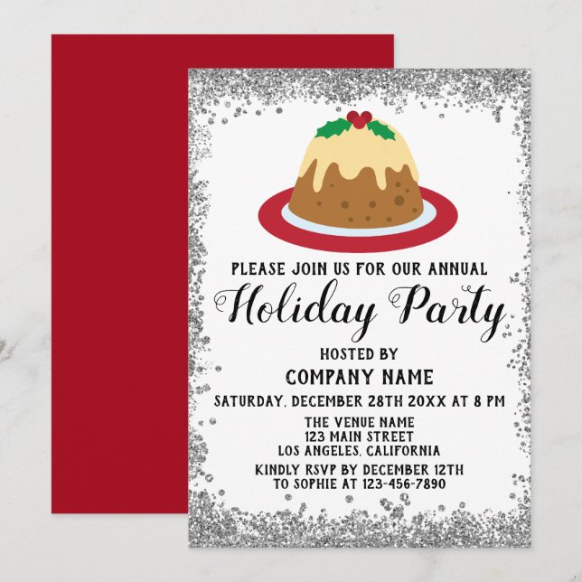 Weihnachts Pudding Company Holiday Party Red Silve Einladung (Vorne/Hinten)