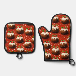Weihnachts-Pudding-Muster-Ofenhandschuh und Po Ofenhandschuh & Topflappen-Set