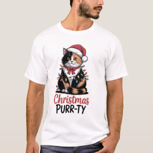 Weihnachts-Purr-ty-Katze eingewickelt in Weihnacht T-Shirt