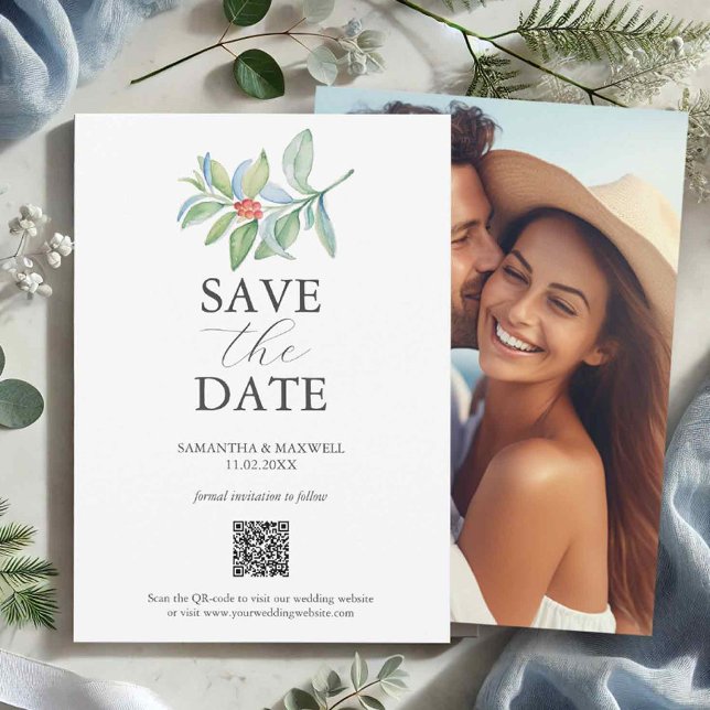 Weihnachts-QR-Code Speichern Sie die Daten Save The Date (Christmas wedding save the dates with photo and qr code holiday botanicals)