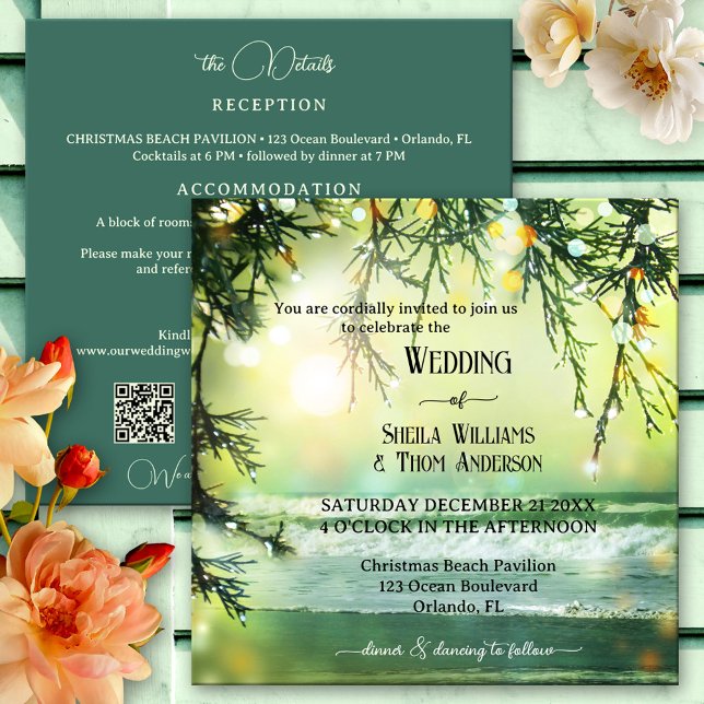 Weihnachts-QR in einer Hochzeit Einladung (All in one beach wedding invitation featuring a magical beach with sparkling lights on pine twigs)
