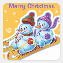 Weihnachts-Quadrat Aufkleber Snowmen Schneesport.
