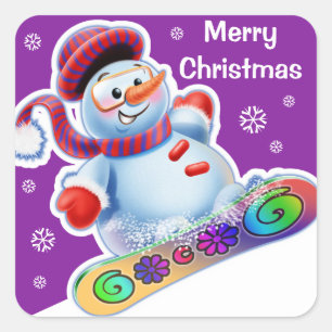 Weihnachts-Quadrat Aufkleber Snowmen Schneesport.