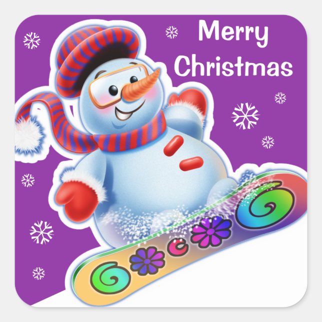 Weihnachts-Quadrat Aufkleber Snowmen Schneesport. (Vorderseite)