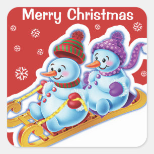 Weihnachts-Quadrat Aufkleber Snowmen Schneesport.