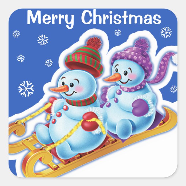 Weihnachts-Quadrat Aufkleber Snowmen Schneesport. (Vorderseite)
