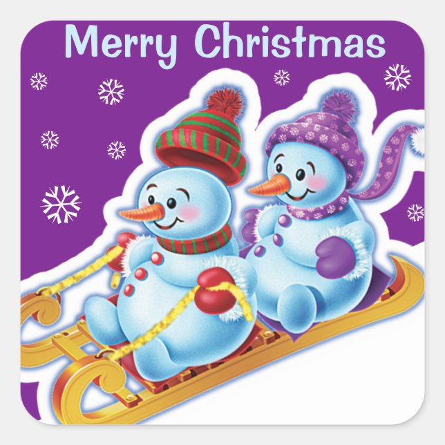 Weihnachts-Quadrat Aufkleber Snowmen Schneesport. (Vorderseite)