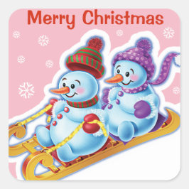 Weihnachts-Quadrat Aufkleber Snowmen Schneesport.