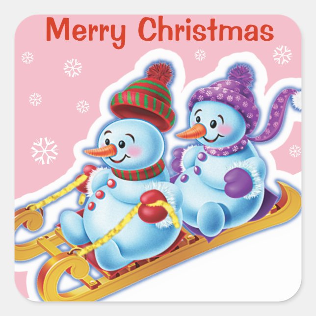 Weihnachts-Quadrat Aufkleber Snowmen Schneesport. (Vorderseite)
