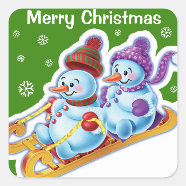 Weihnachts-Quadrat Aufkleber Snowmen Schneesport. (Vorderseite)