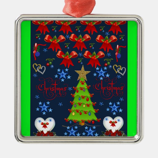 Weihnachts-Quadrat Premium-Ornament dunkelgrün Silbernes Ornament (Vorne)