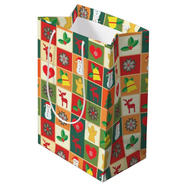 Weihnachts Quilt Muster Mittlere Geschenktüte (Rückseite Schrägansicht)