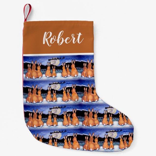 Weihnachts-Rabbit Moon Blue Tan Winter Rustikaler  Kleiner Weihnachtsstrumpf (Vorderseite)