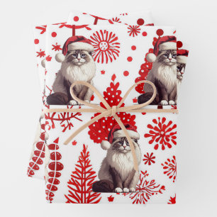 Weihnachts-Ragdoll-Katze, Xmas-Santa-Ragdoll-Kätzc Geschenkpapier Set