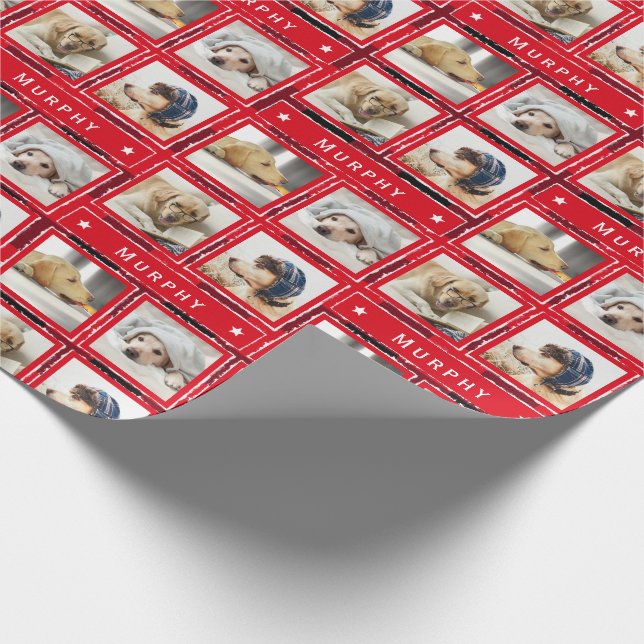 Weihnachts Red 4 Foto Dog Collage Pet Name hinzufü Geschenkpapier (Ecke)