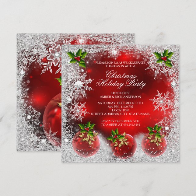 Weihnachts Red Holly Bauble Feiertag Party Snowfla Einladung (Vorne/Hinten)