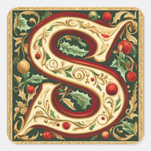 Weihnachts Red Letter S mit Grün und Gold Quadratischer Aufkleber