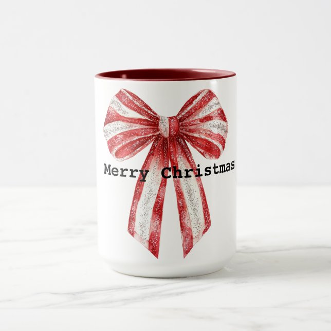 Weihnachts Red Peppermint White Bows Tasse (Zentrum)
