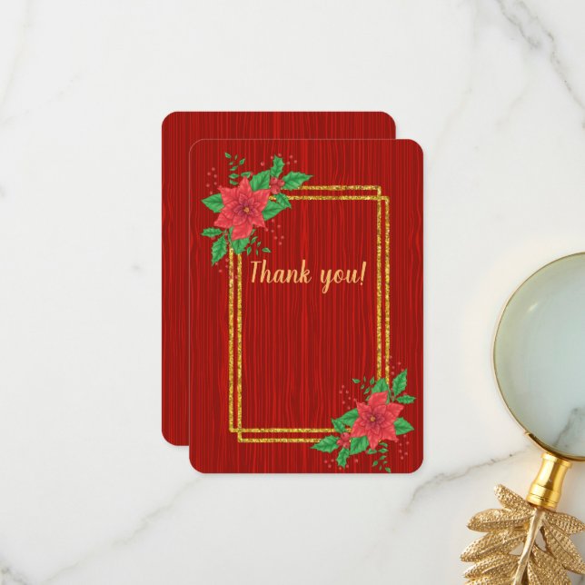 Weihnachts Red Poinsettia Gold Frame Wedding Dankeskarte (Vorderseite/Rückseite Beispiel)
