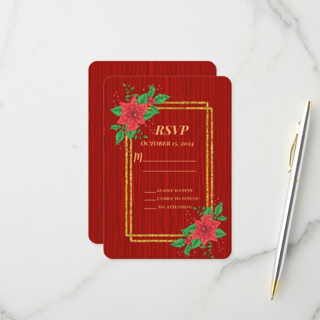Weihnachts Red Poinsettia Gold Frame Wedding RSVP Karte (Vorderseite/Rückseite Beispiel)