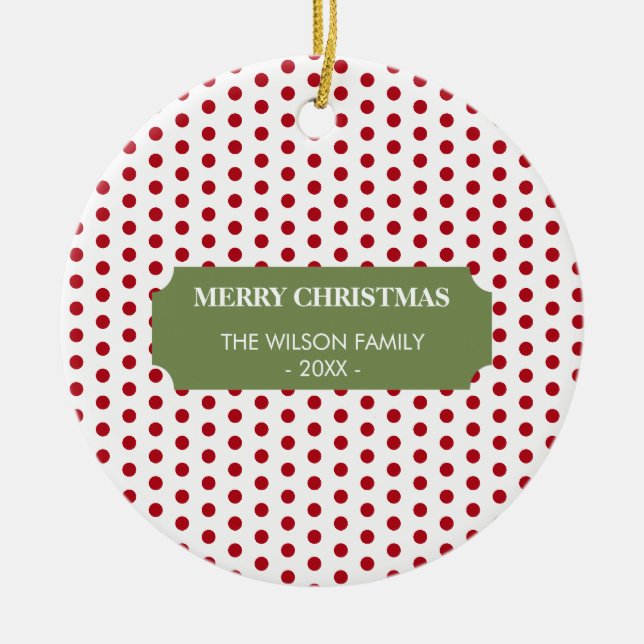 Weihnachts Red Polka Dots Familienname Jahr Keramik Ornament (Vorne)