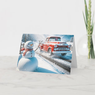 Weihnachts Red Retro Truck mit Schneemann Feiertagskarte