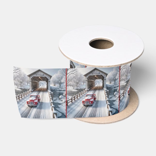 Weihnachts Red Retro Truck und Covered Bridge Satinband (Spule)