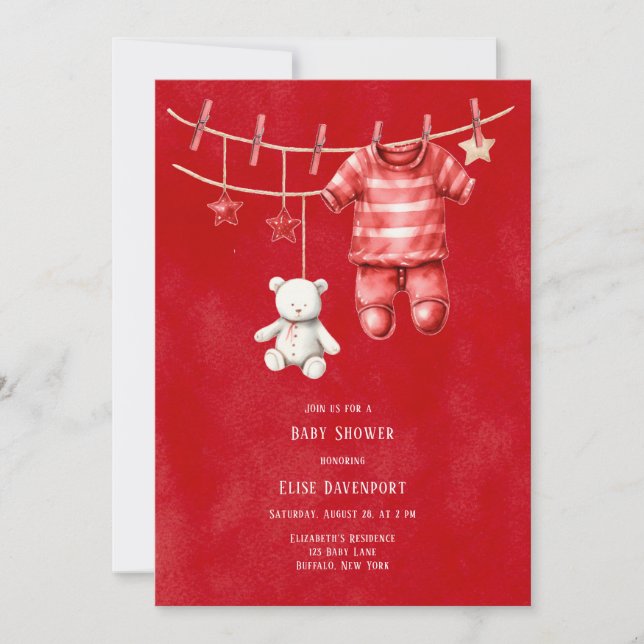 Weihnachts Red Teddy Bear Clothesline Baby Dusche Einladung (Vorderseite)