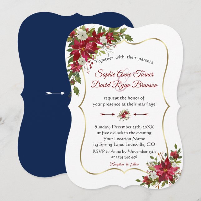 Weihnachts Red White Poinsettia Gold Navy Hochzeit Einladung (Vorne/Hinten)