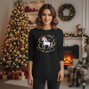 Weihnachts-Regenbogen-Einhorn-Santa-Hut T-Shirt