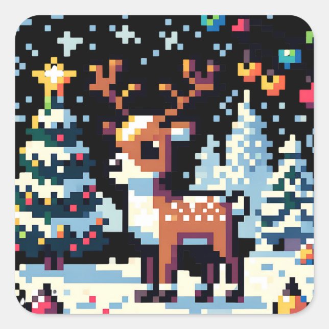 Weihnachts-Reindeer Winter Wonderland Pixel Art Quadratischer Aufkleber (Vorderseite)