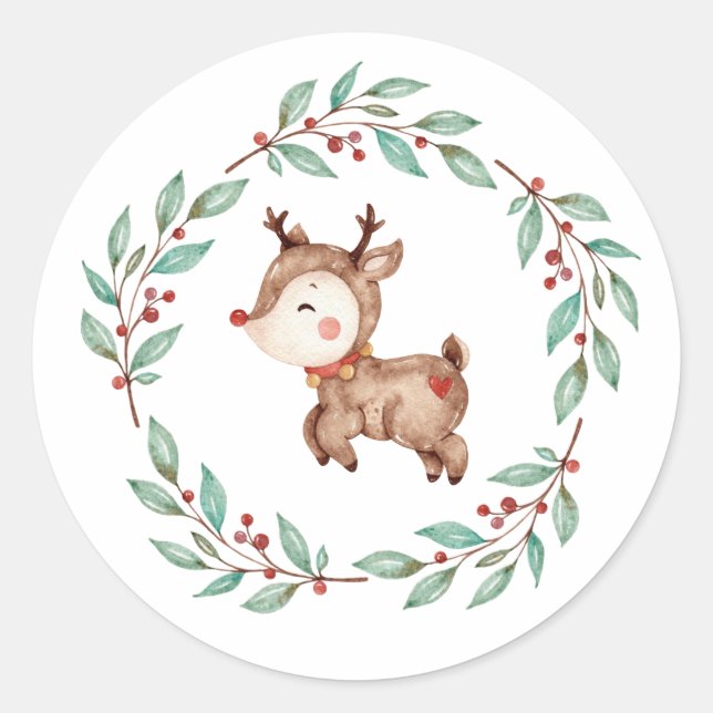 Weihnachts-Reindeer Wreath Runder Aufkleber (Vorderseite)