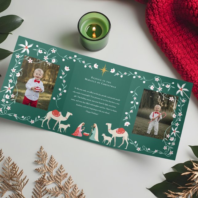 Weihnachts-Religiöse Krippe Familienszenario Foto Dreifach Gefaltete Urlaubskarte (Christmas Religious Nativity Scene Family Photo Tri-Fold Holiday Card)