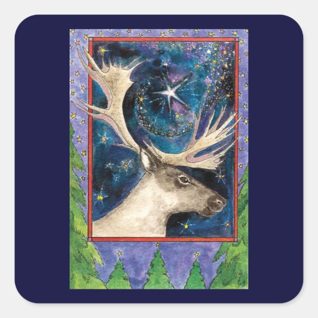 Weihnachts-Rentier am Abend mit einem Shining-Star Quadratischer Aufkleber (Vorderseite)