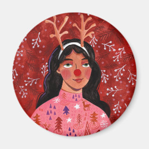 Weihnachts-Rentier-Frau rot Magnet