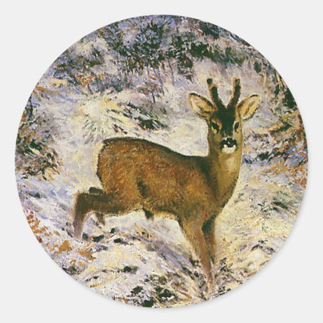 Weihnachts-Rentier im Winter-Forst Schnee Runder Aufkleber (Vorderseite)