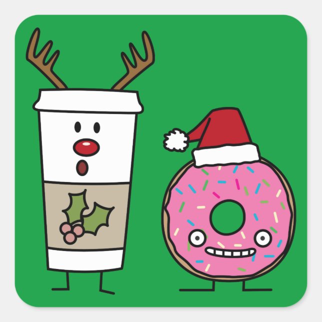 Weihnachts-Rentier-Kaffee und Santa Donut Quadratischer Aufkleber (Vorderseite)